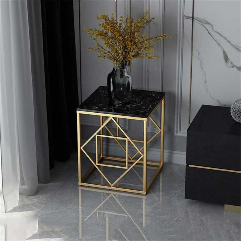 Calista Side Table | Black Marble Top with Gold Frame | Open Shelf Design | Living...
