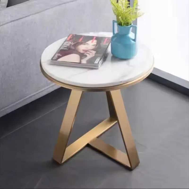 Elysia Side Table | White Marble Top with Gold Frame | Crisscross Base Design | Li...