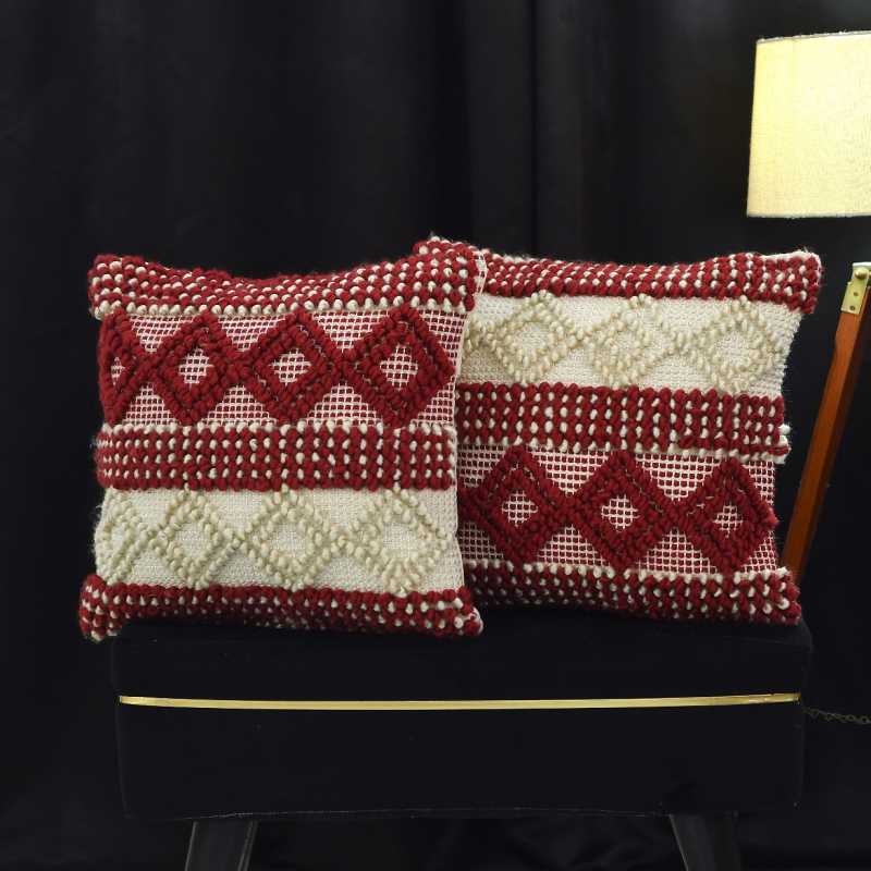 Artisan Woven Accent Pillow Cotton Pit Loom Cushion 18x18 inches Red & Cream Geome...