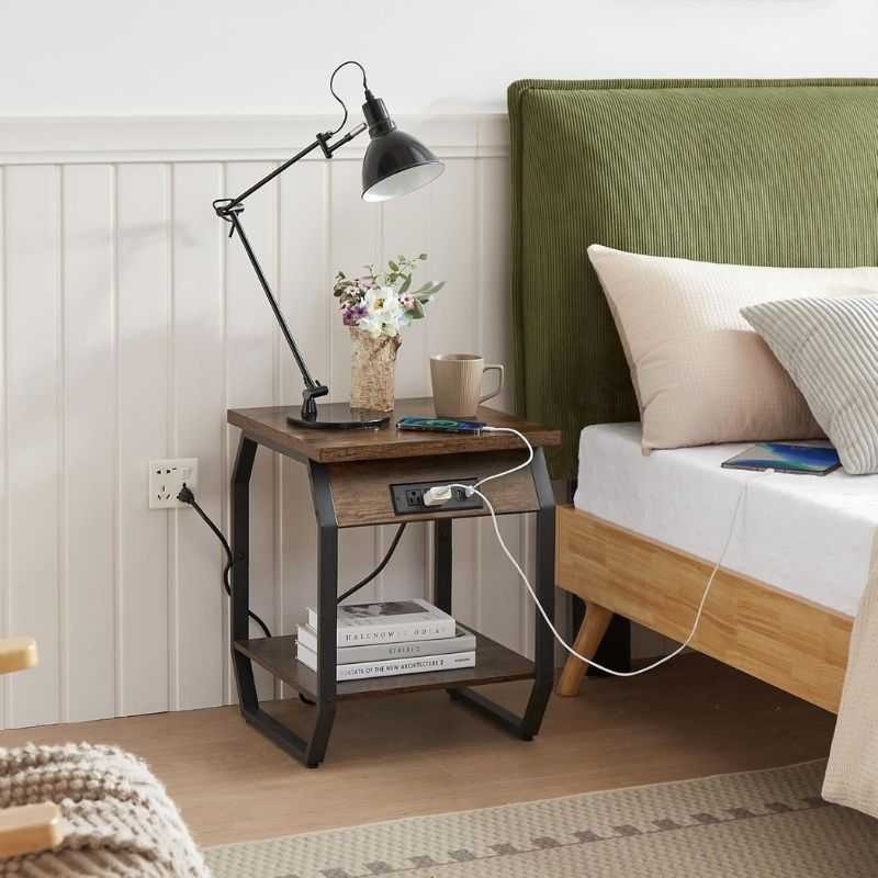 Rustic Smart Charging Sofa Side Table with Storage Shelf | Wooden Side Table with ...