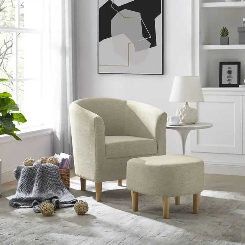 LuxeHaven Armchair with pouff stool set | Beige Fabric with Ottoman | Cozy Reading...