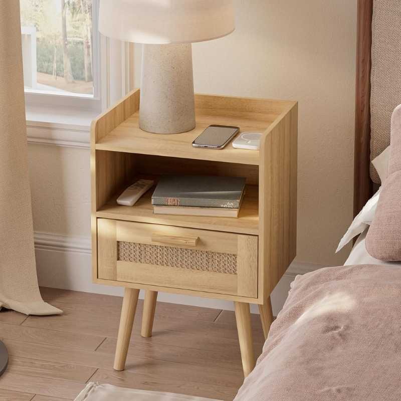 Scandinavian Wooden Bedside Table with Cane Drawer & Open Shelf