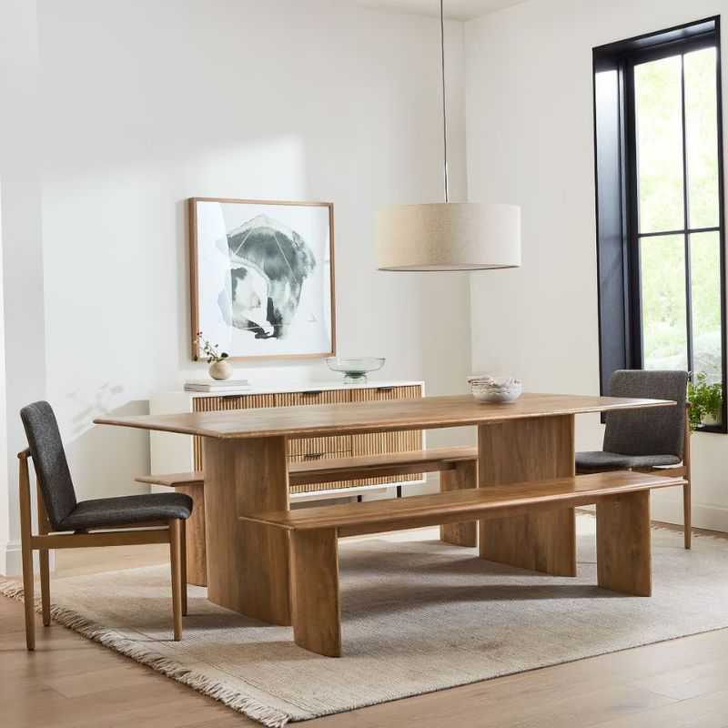Modern Wooden Dining Table Set with Bench | 6-Seater Solid Wood Rectangular Dining...
