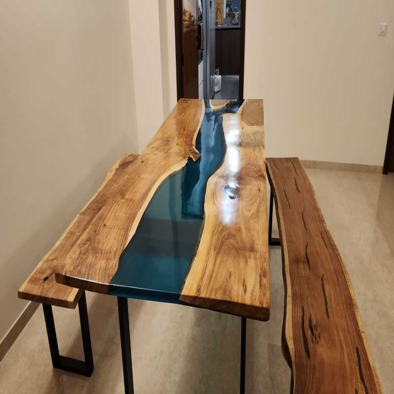 Blue Epoxy Resin River Dining Table in Acacia Wood | Di...