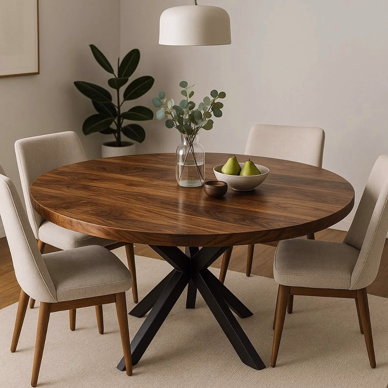 Modern Acacia Solid Wood Round Dining Table with Metal Legs (4-Seater)