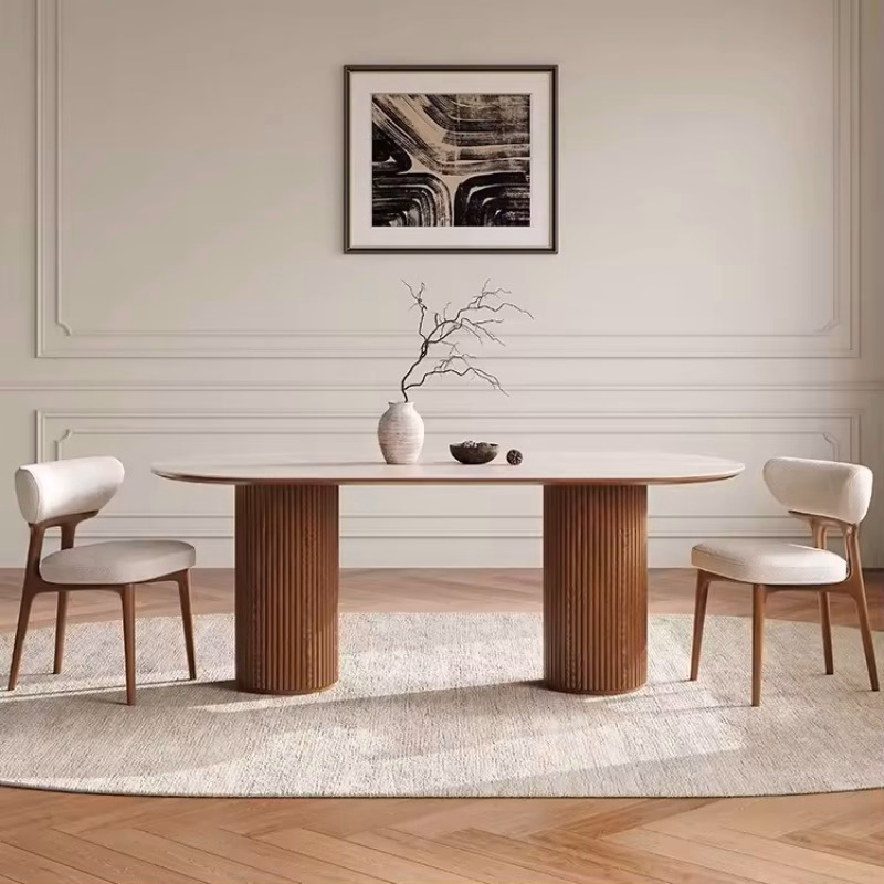 Mardita Oval White Marble Dining Table with White Top Fluted Wooden Base 6 Seater ...