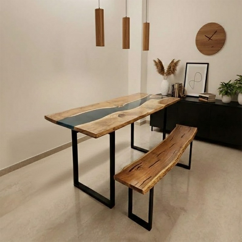 Transparent Blue Epoxy River Dining Table with 1 Bench – Acacia Wood Set | DIninr Room Table , Kitchen Epoxy River table