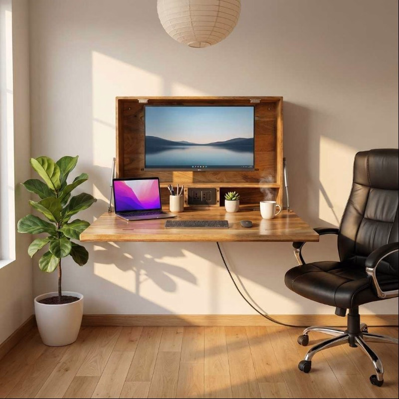 Acacia Wood Wall Mounted Fold Drop Down Desk/Table for Home & Office