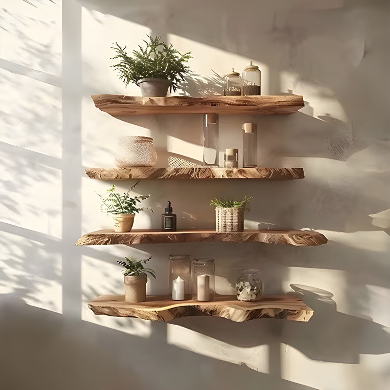 Modern Rustic Live Edge Floating Shelves (Set of 4) – Solid Acacia Wood Wall Shelv...