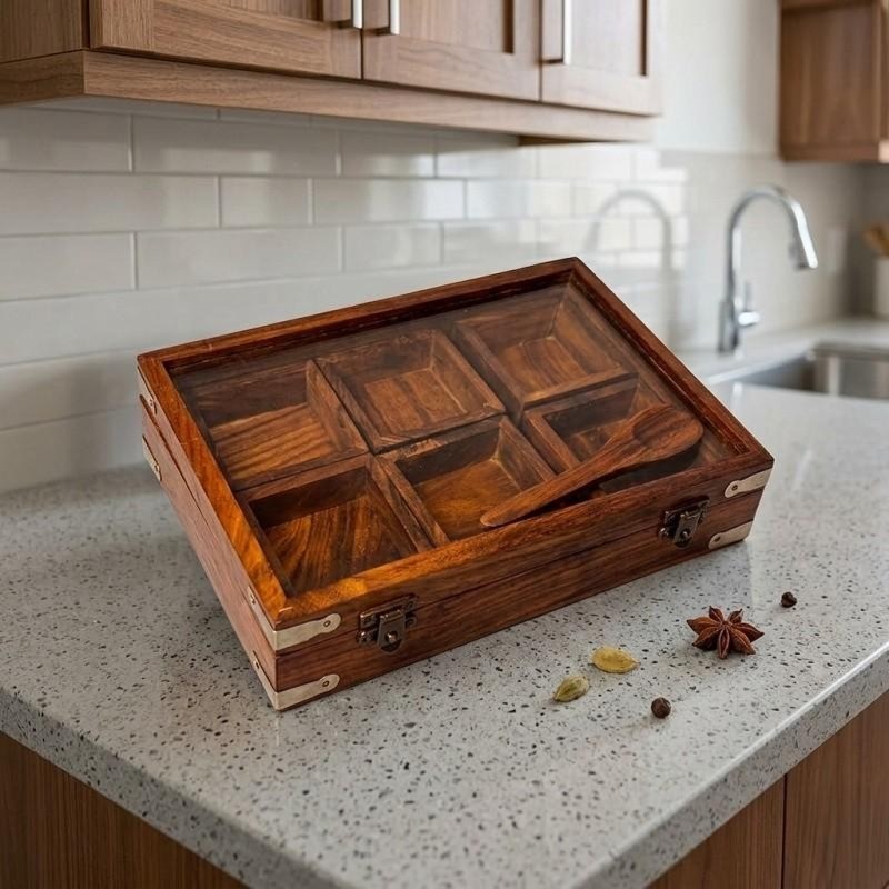 Classic Acacia Wood Spice Box with Spoon & Glass Lid - 6 Compartment Wooden Spice ...