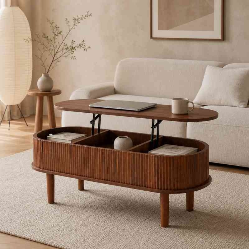 Space-Saving Oval Lift-Top Coffee Table with 3 Hidden C...