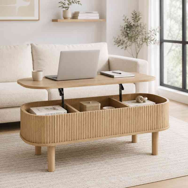 Space-Saving Oval Lift-Top Coffee Table with 3 Hidden S...