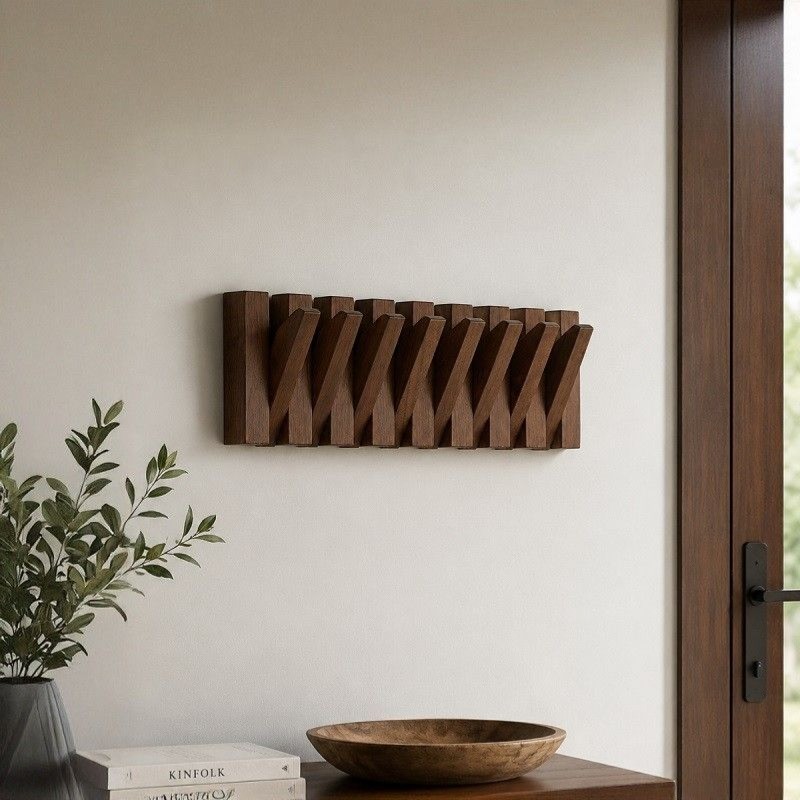 Acacia Wood Foldable Wall Hook Rack – Flip-Down Coat, Suit & Key Hanger (Space-Sav...