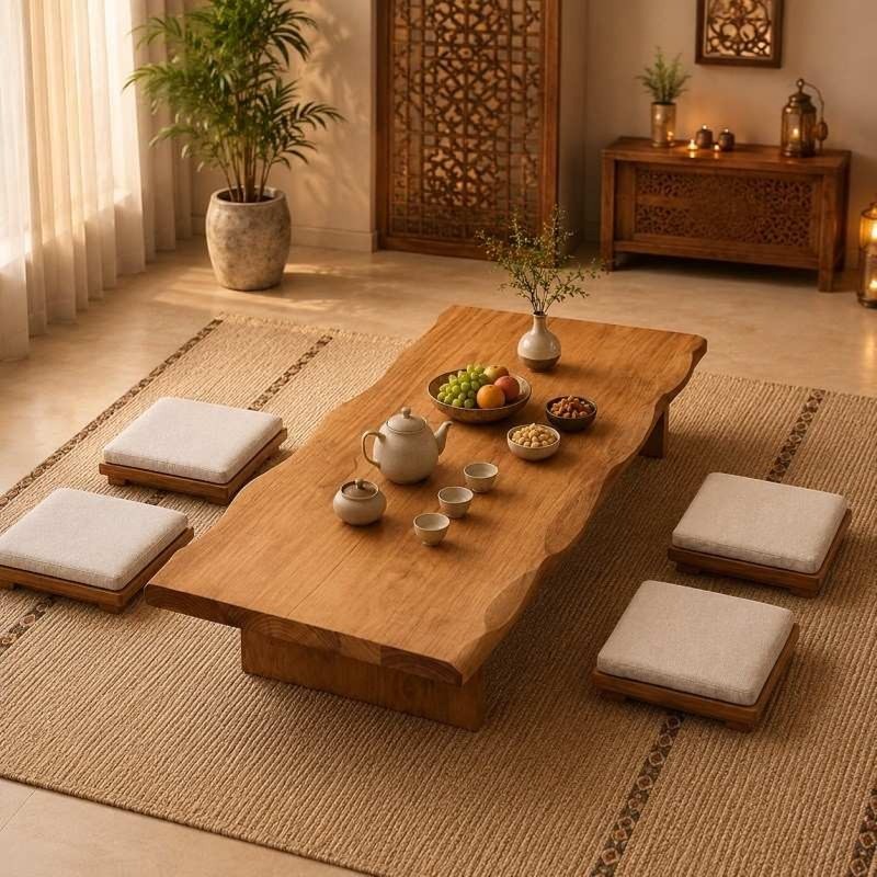 Japanese Style Solid Wood Tatami Tea Table Set with Cushioned Floor Chairs - Recta...