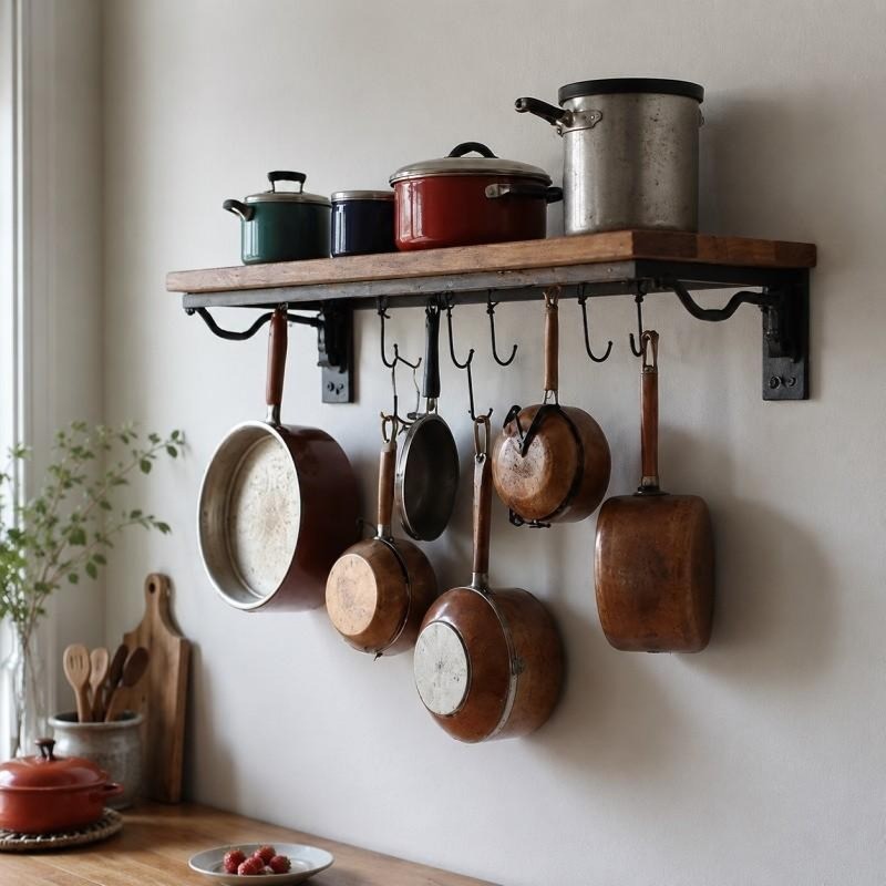 Wall Mounted Pot & Pan Rack with Wooden Shelf – Rustic Kitchen Organizer with Hook...