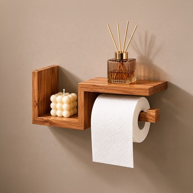 Wall Mounted Wooden Toilet Paper Holder with Shelf & Storage Rack