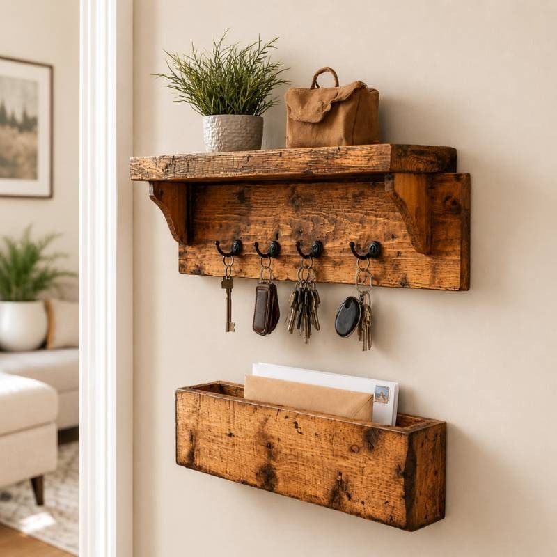 Rustic Wooden Key Holder for Wall with Display Shelf & Mail Organizer Box