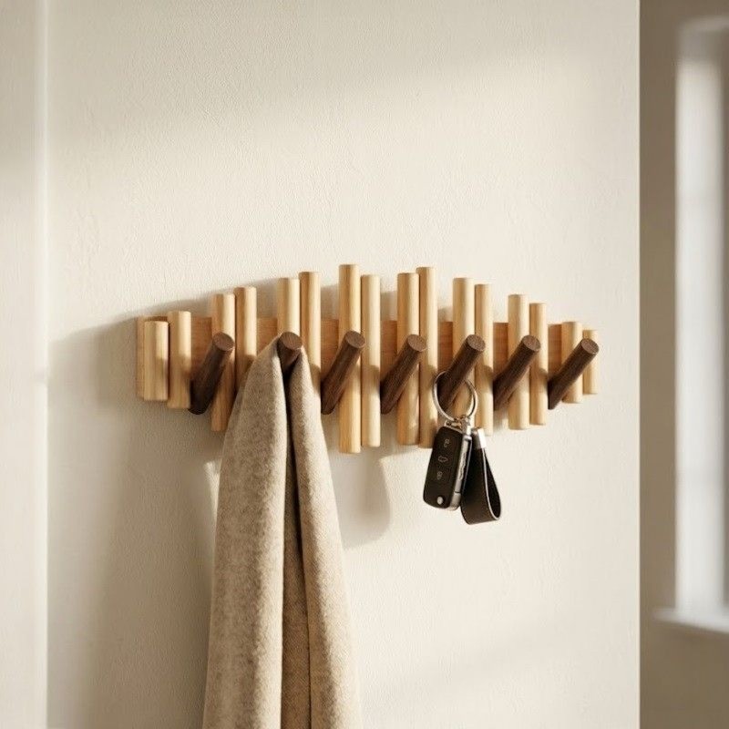 Natural Solid Wood Picket Coat Rack with 7 Flip Wall Hooks