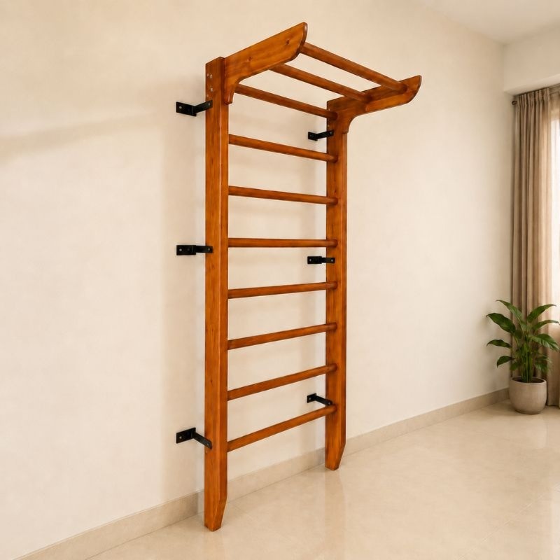 Wooden Swedish Wall Bar Ladder with Pull-Up Bar – Solid Wood Gymnastics Stall Bars...