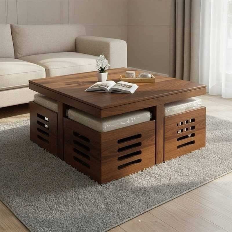 Solid Sheesham Wood Coffee Table Set – Modern Square Design – Honey Finish – Livin...