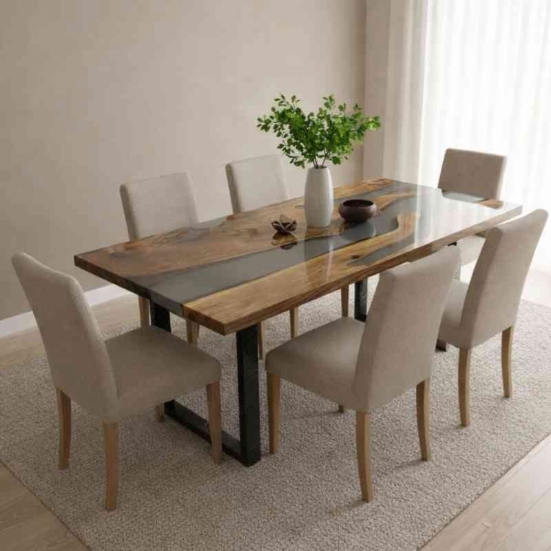 Luxora Solid Wood Epoxy Table with Blue River Style – 4 to 6 Seater Dining
