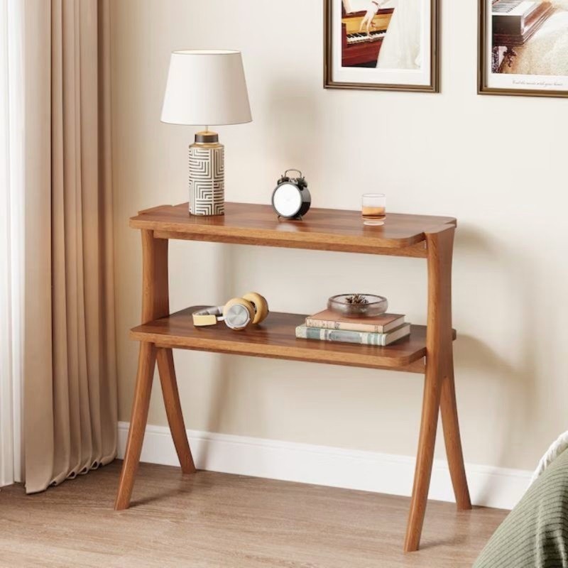 Tall Narrow End Table with 2-Tier Shelf and Solid Wood Legs