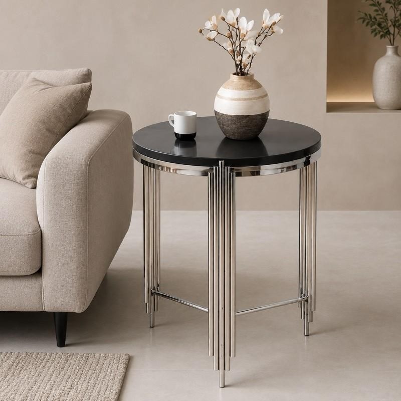 Velvet Arc Side Table | Black Marble Top With Chrome Base | Designer Half-Moon Acc...