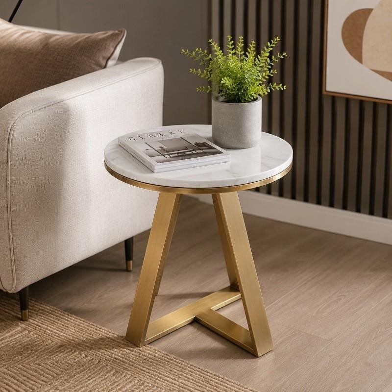 Elysia Side Table | White Marble Top with Gold Frame | Crisscross Base Design | Li...