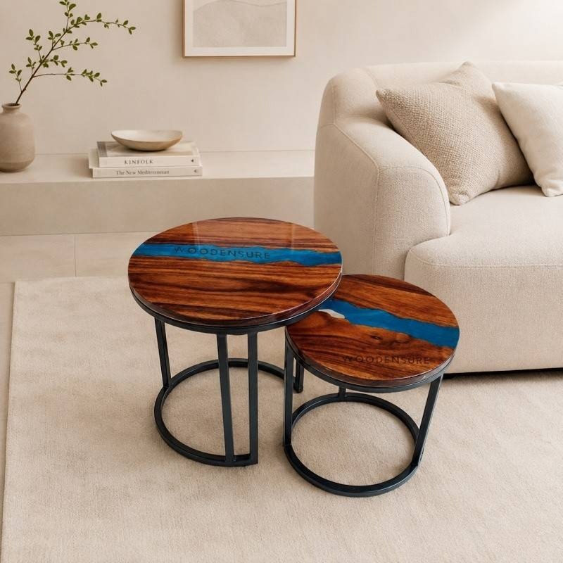 Halo Blue Resin Epoxy Solid Wood & Metal Frame Nesting Table ( Set of 2 )