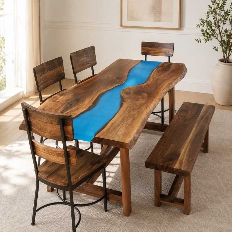 Customised Blue Epoxy River Dining Table | Wooden Blue Epoxy Resin Dining Table | ...