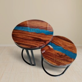 Halo Blue Resin Epoxy Solid Wood & Metal Frame Nesting Table ( Set of 2 )