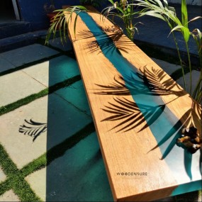 Serenity Shores Epoxy Resin Solid Wood And Metal Frame Bench