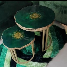 Gold Green Epoxy Resin Nesting Table Round deep green coffee table, crystal coffee...