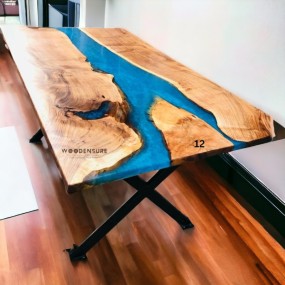 Azure Epoxy Resin River Solid Wood & Metal Frame Table