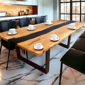 Onyx Black Epoxy Resin Solid Wood & Metal Frame Dinning Table