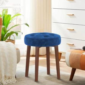 Luxury Blue Tufted Stool with Wooden Legs
