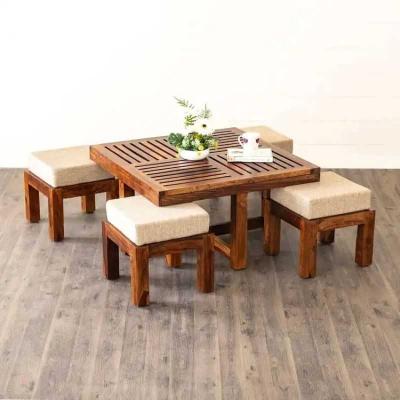 HeritageAura Sheesham Wood Coffee Table Set with Stools – Space-Saving Design for ...