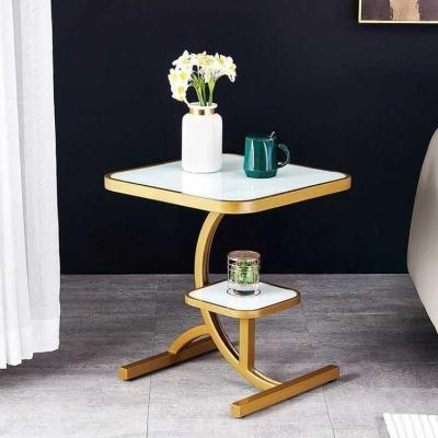 Astraea Side Table | White Marble Top with Gold Frame | Dual Shelf Design | Living...