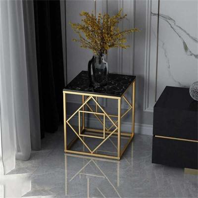 Calista Side Table | Black Marble Top with Gold Frame | Open Shelf Design | Living...