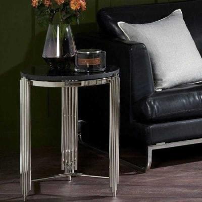 VELVET ARC SIDE TABLE | BLACK MARBLE TOP WITH CHROME BASE | DESIGNER HALF-MOON ACC...