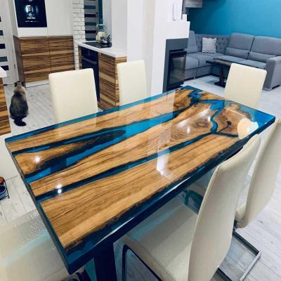 Modern Epoxy Resin River Dining Table | Blue Transparent River Table with Solid Wo...