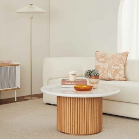 Round White Marble Coffee Table with Fluted Oak Wood Base – Modern Living Room Acc...