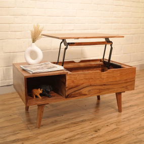 Modern Lift-Top Center Table with Hidden Storage & Side Shelves – Rustic Finish