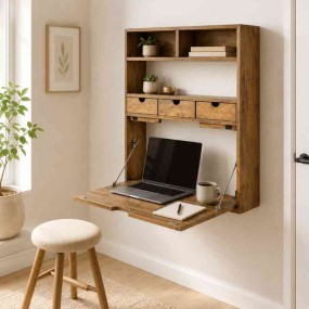 Solid Wood Wall-Mounted Foldable Desk with Storage Shelves & Drawers for Home Offi...