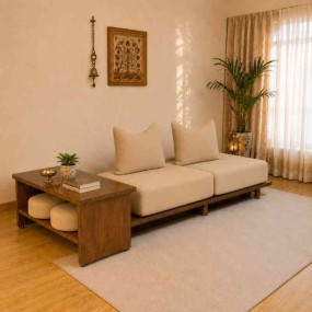 Japanese Style Modular Sofa Bed with Sliding Tea Dining Table – Space Saving Woode...