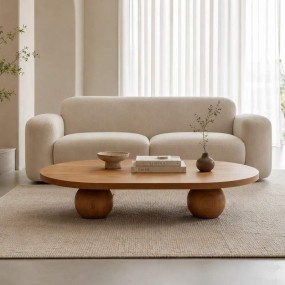 Sphere Solid Wood Oval Coffee Table with Sculptural Ball Legs – Minimalist Living ...